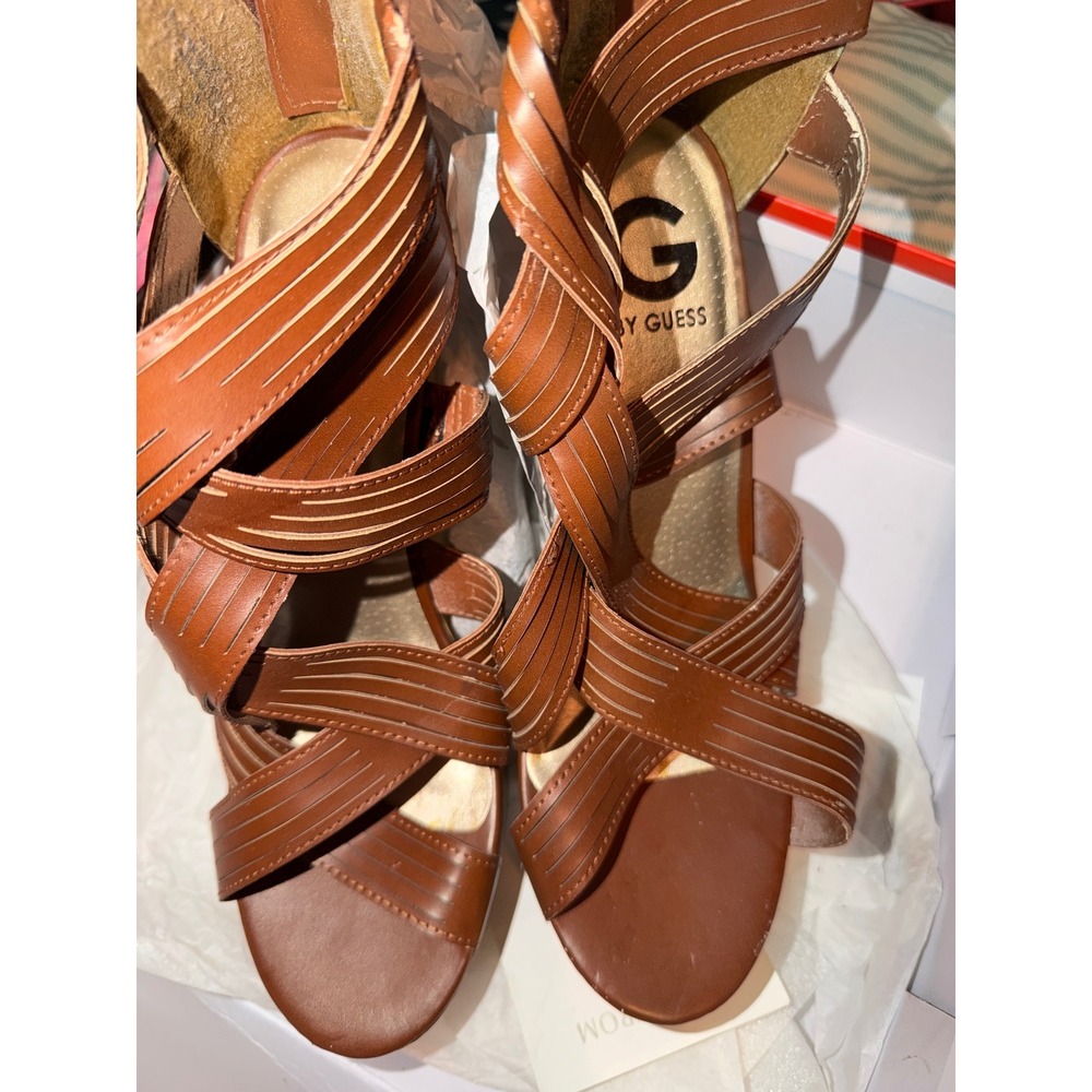 G by GUESS GGHISKEY Brown Strappy Cork Platform Wedge‎ Sandals Women 9M - Picture 2 of 5